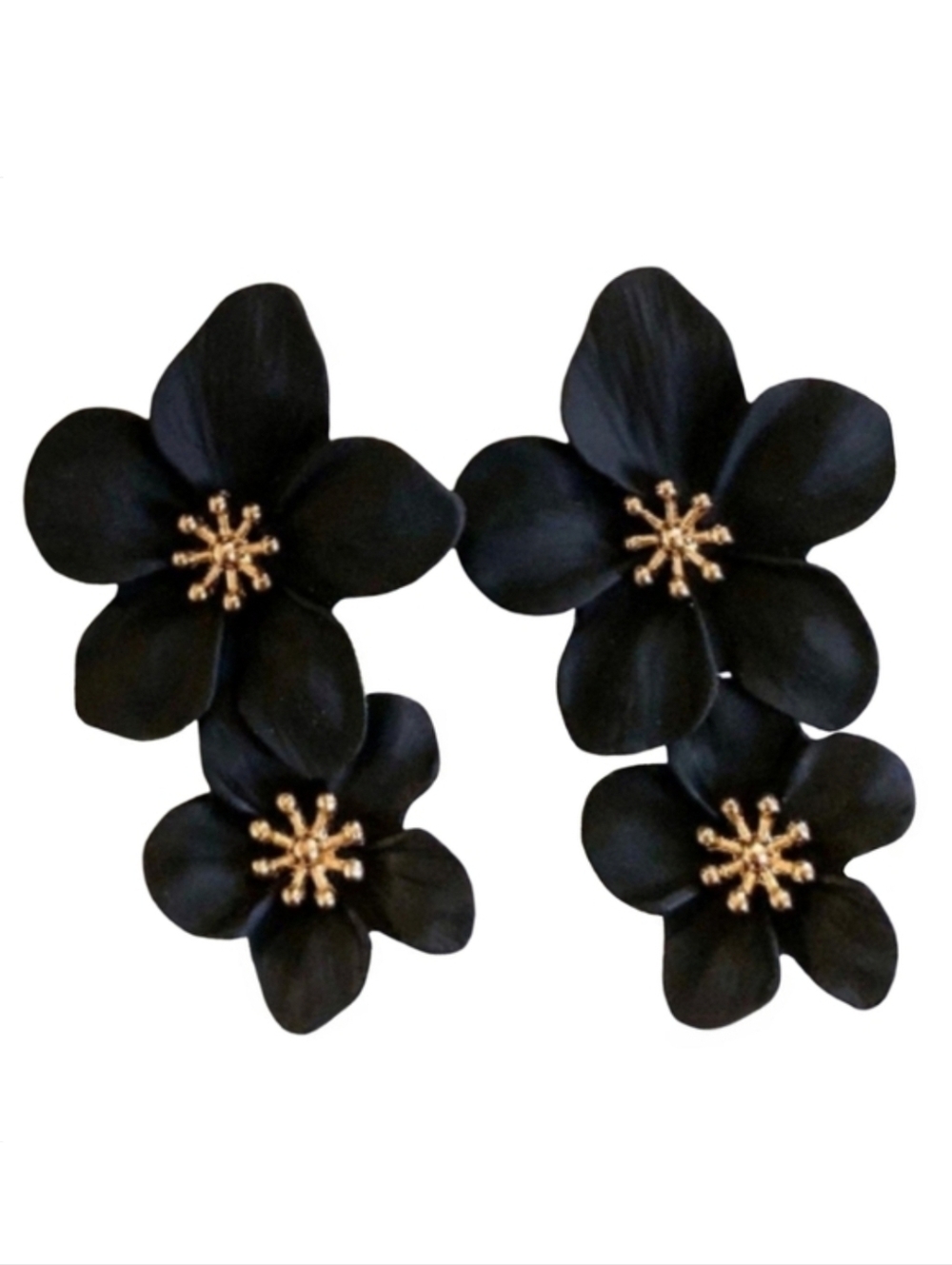 Goth Black Double Flower Statement Earrings 3D Gothic Hibiscus Big Boho Flowers